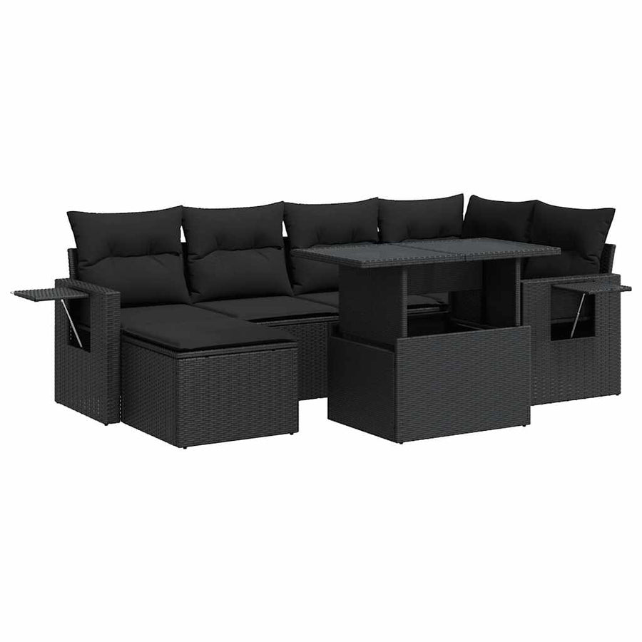 7-delige Loungeset met kussens poly rattan zwart
