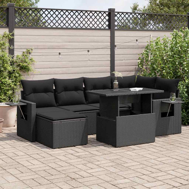 7-delige Loungeset met kussens poly rattan zwart