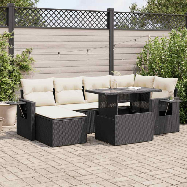 7-delige Loungeset met kussens poly rattan zwart