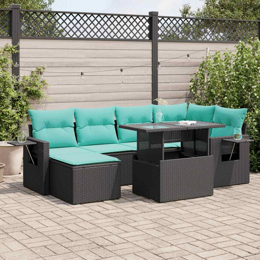 7-delige tuinbankset met kussens, zwart polyrotan en acacia