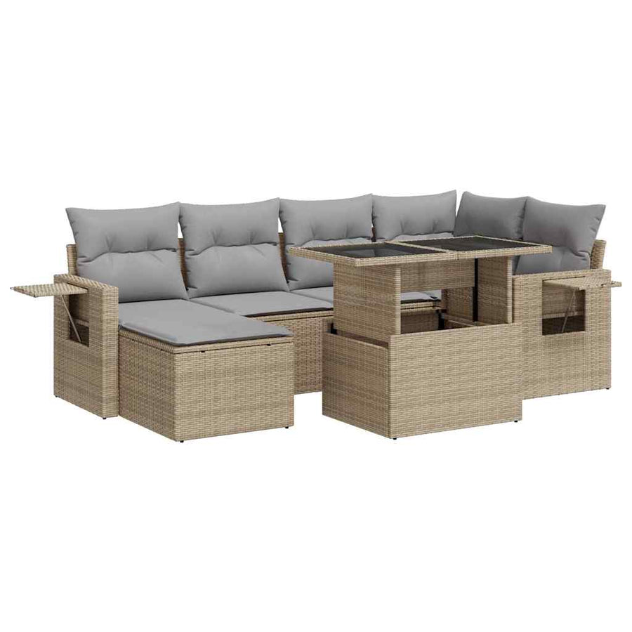 7-delige Loungeset met kussens poly rattan beige