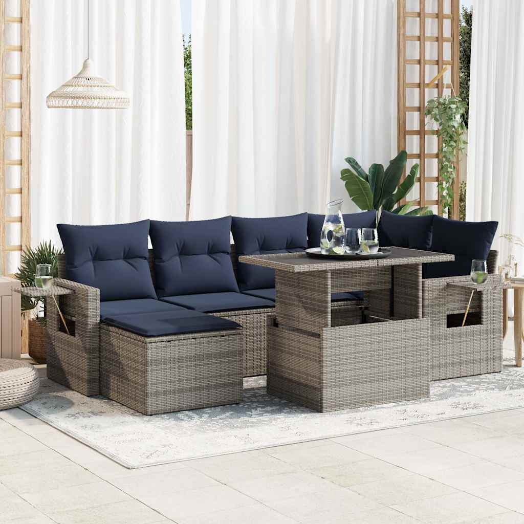 7-delige Loungeset met kussens poly rattan acacia grijs
