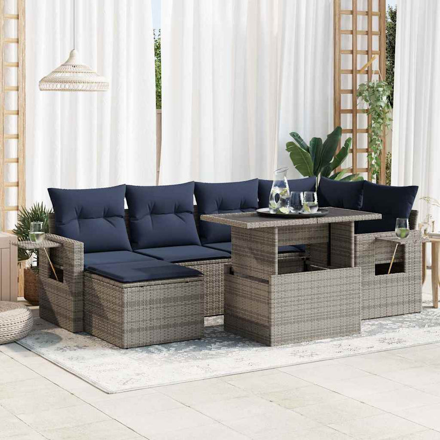 7-delige Loungeset met kussens poly rattan acacia grijs