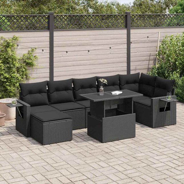 8-delige Loungeset met kussens poly rattan zwart