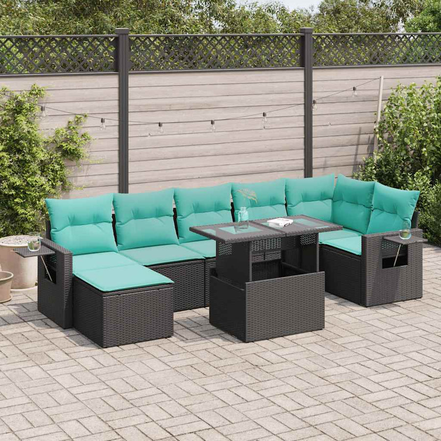 8-delige Loungeset met kussens poly rattan acacia zwart