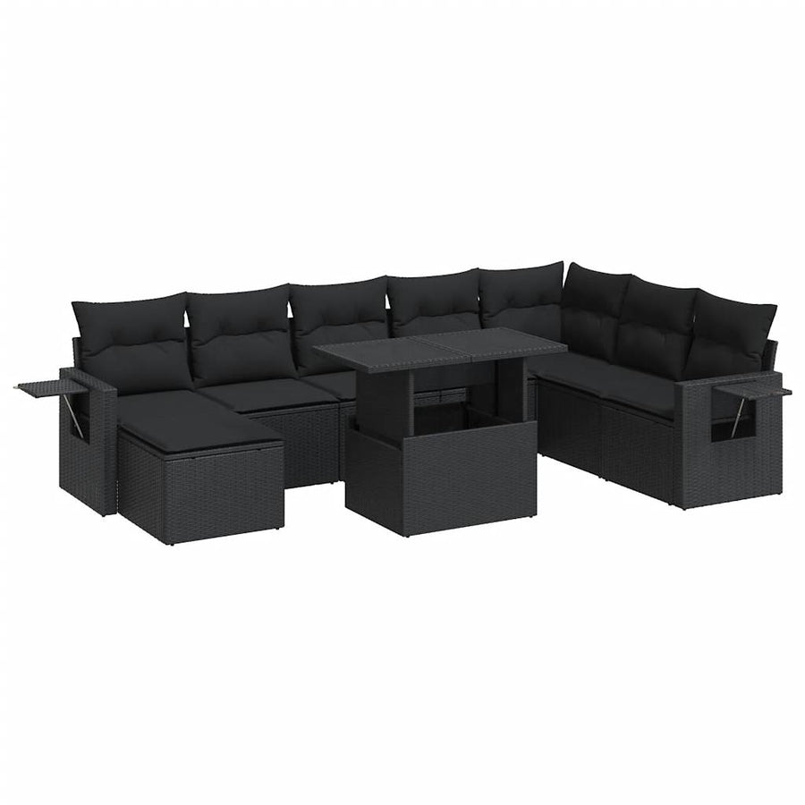 9-delige Loungeset met kussens poly rattan zwart