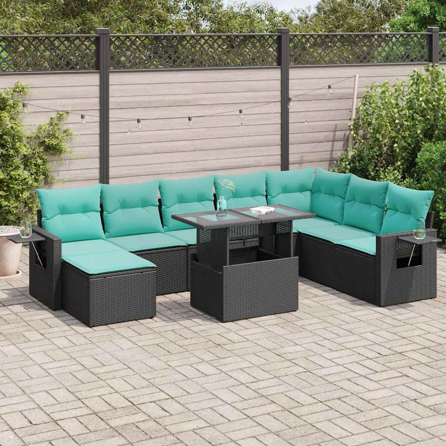 9-delige tuinbankset met kussens, zwart polyrotan en acacia