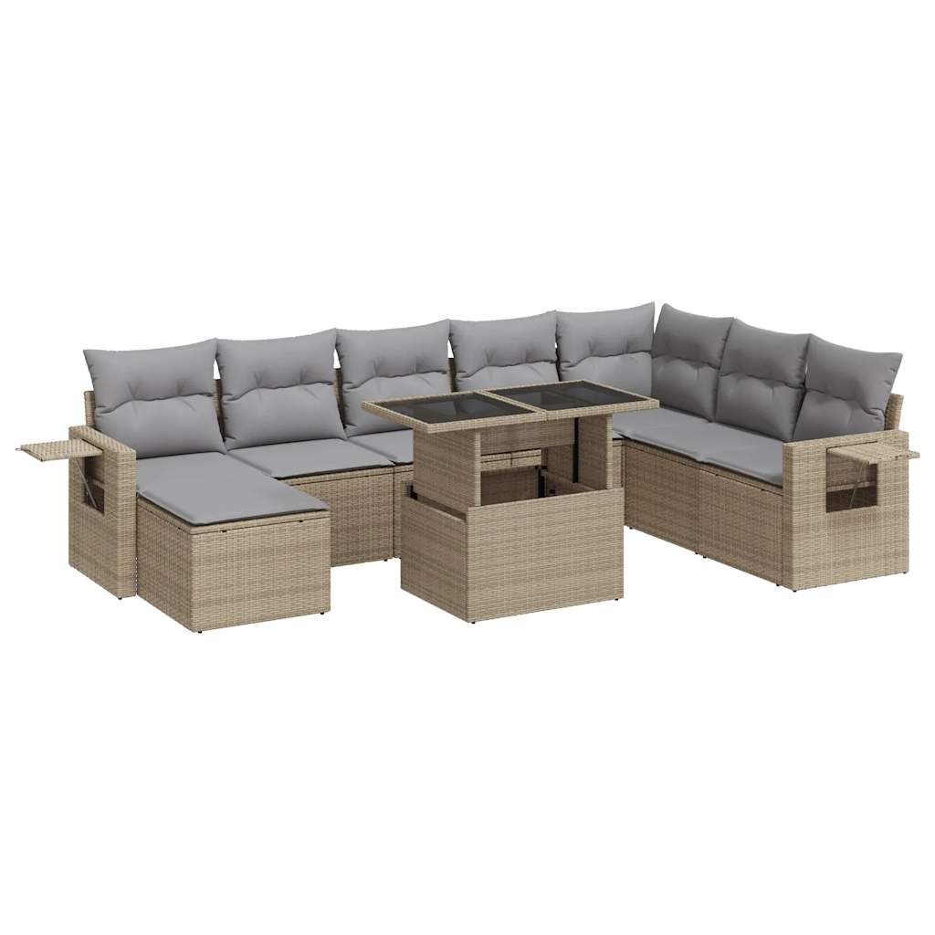 9-delige Loungeset met kussens poly rattan beige