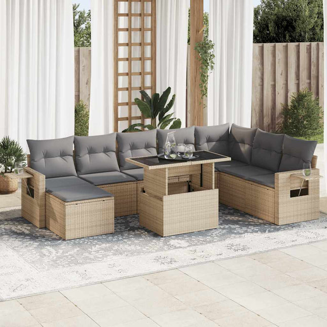 9-delige Loungeset met kussens poly rattan beige