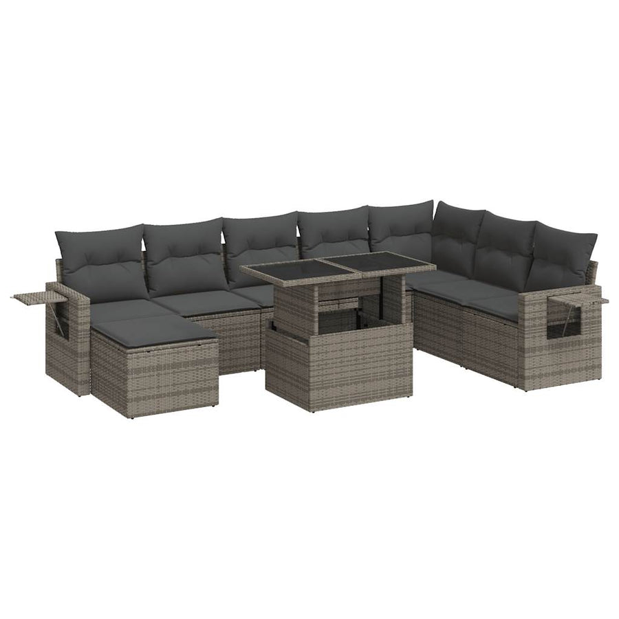 9-delige Loungeset met kussens poly rattan grijs