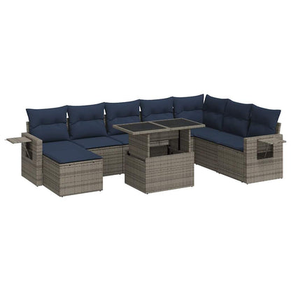 9-delige Loungeset met kussens poly rattan acacia grijs