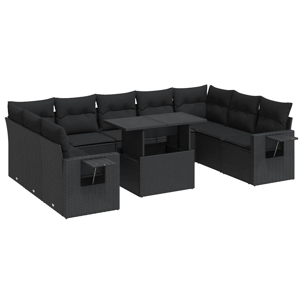 10-delige Loungeset met kussens poly rattan zwart