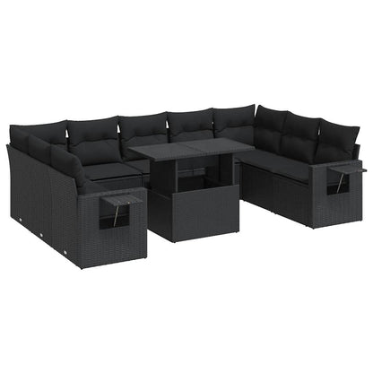 10-delige Loungeset met kussens poly rattan zwart