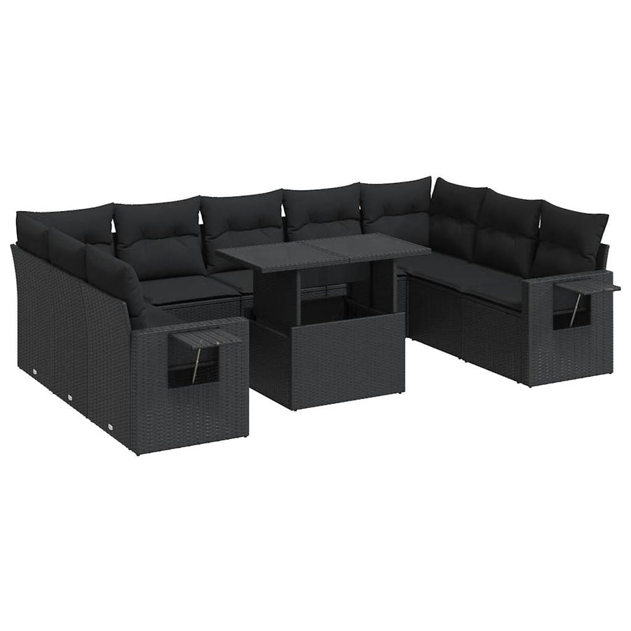 10-delige Loungeset met kussens poly rattan zwart