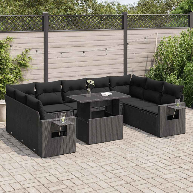 10-delige Loungeset met kussens poly rattan zwart