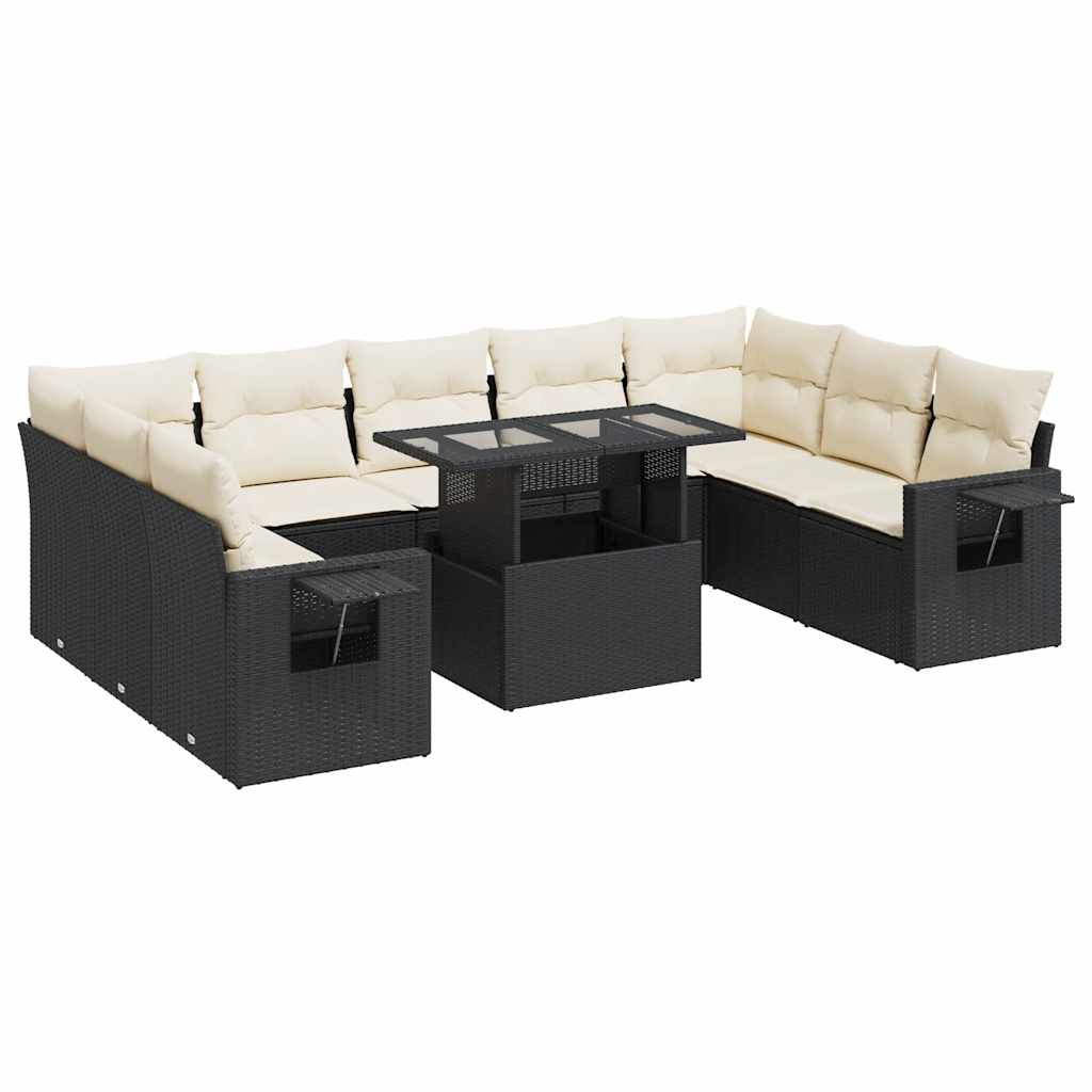 10-delige Loungeset met kussens poly rattan zwart