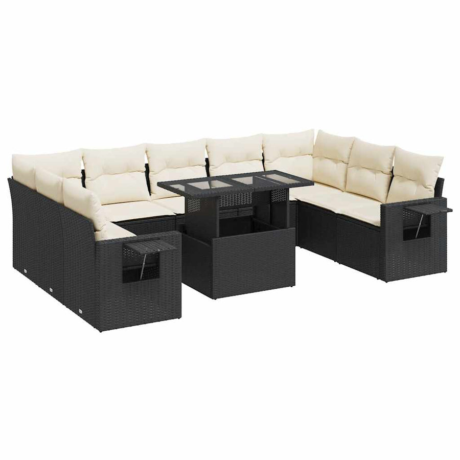 10-delige Loungeset met kussens poly rattan zwart