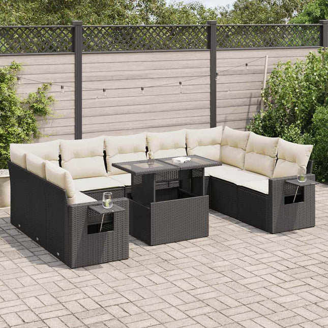 10-delige Loungeset met kussens poly rattan zwart