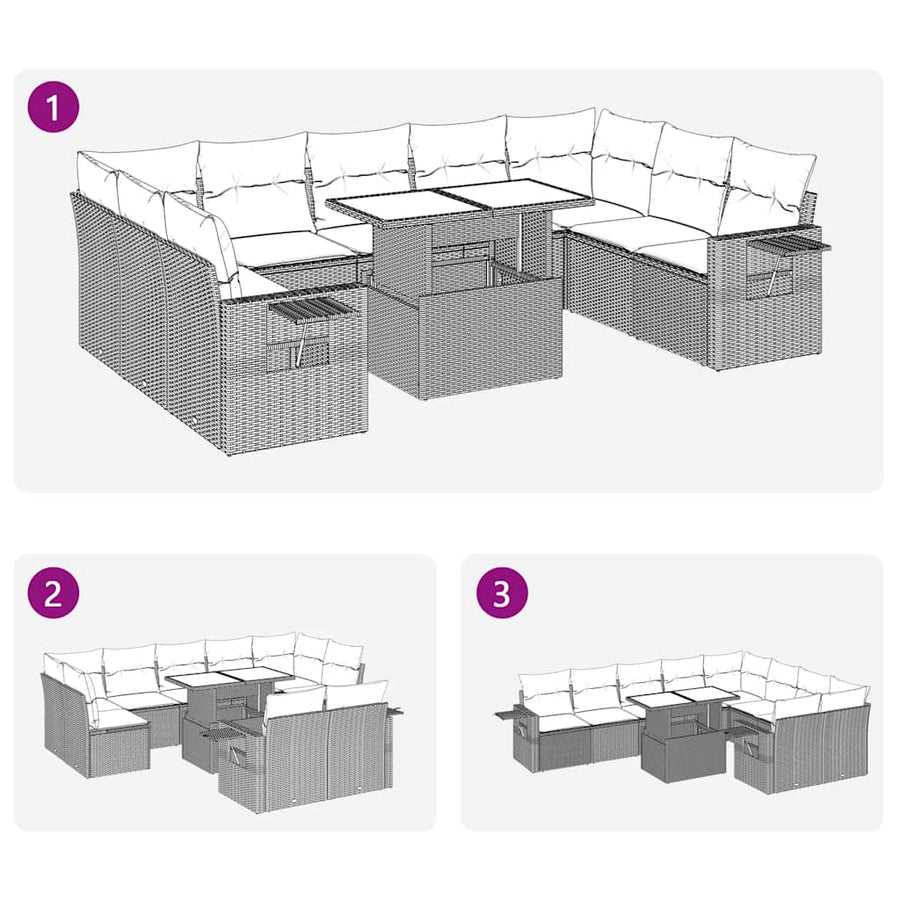 10-delige Loungeset met kussens poly rattan acacia zwart