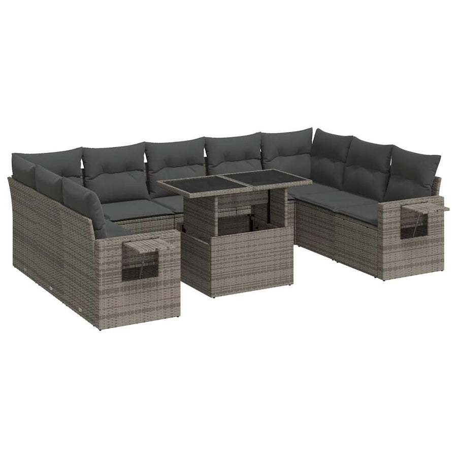10-delige Loungeset met kussens poly rattan grijs