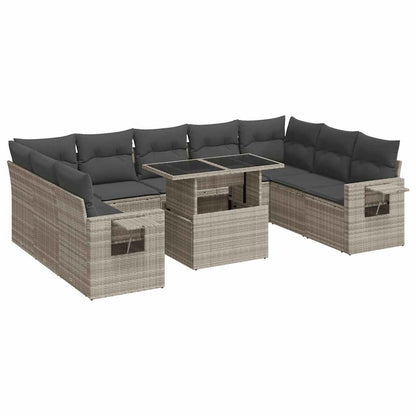 10-delige Loungeset met kussens poly rattan lichtgrijs