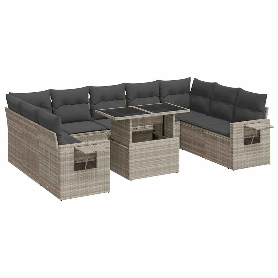 10-delige Loungeset met kussens poly rattan lichtgrijs