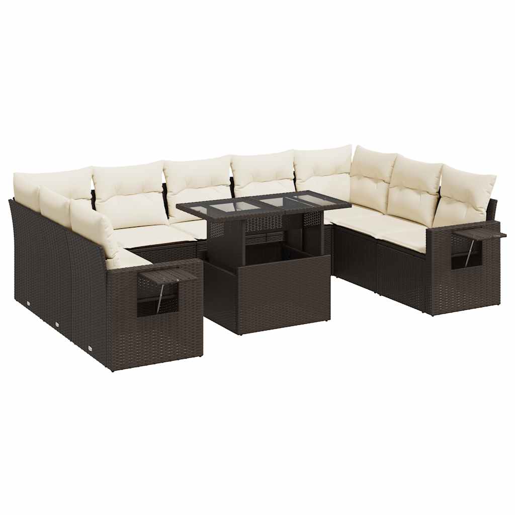 10-delige Loungeset met kussens poly rattan bruin