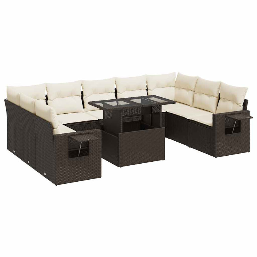 10-delige Loungeset met kussens poly rattan bruin