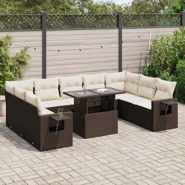 10-delige Loungeset met kussens poly rattan bruin