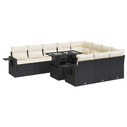 11-delige Loungeset met kussens poly rattan zwart