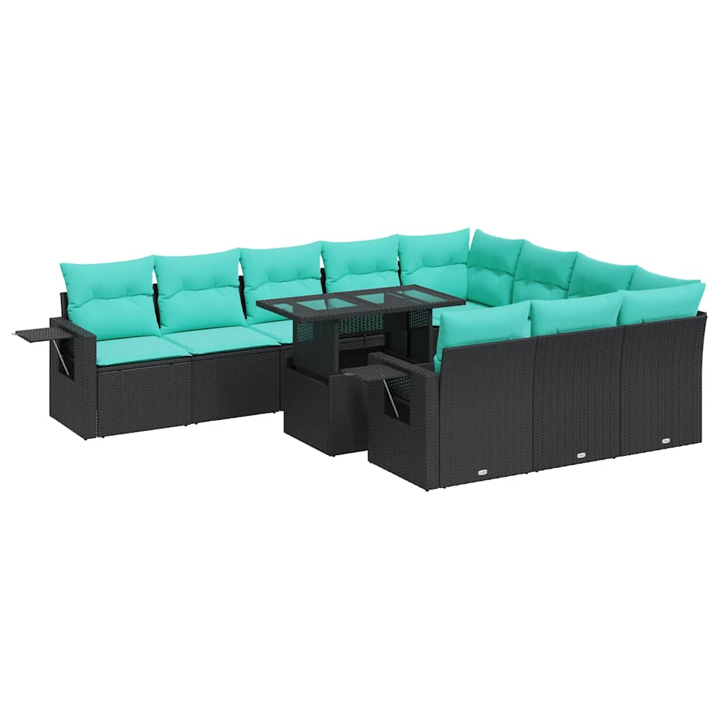 11-delige Loungeset met kussens poly rattan acacia zwart