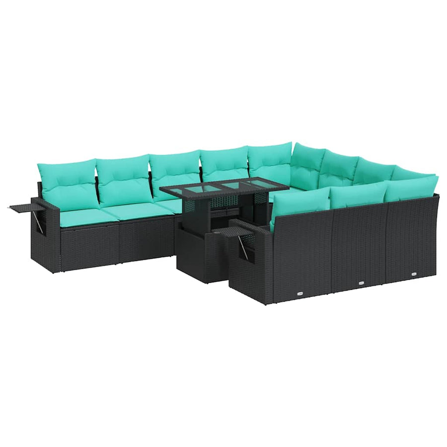 11-delige Loungeset met kussens poly rattan acacia zwart