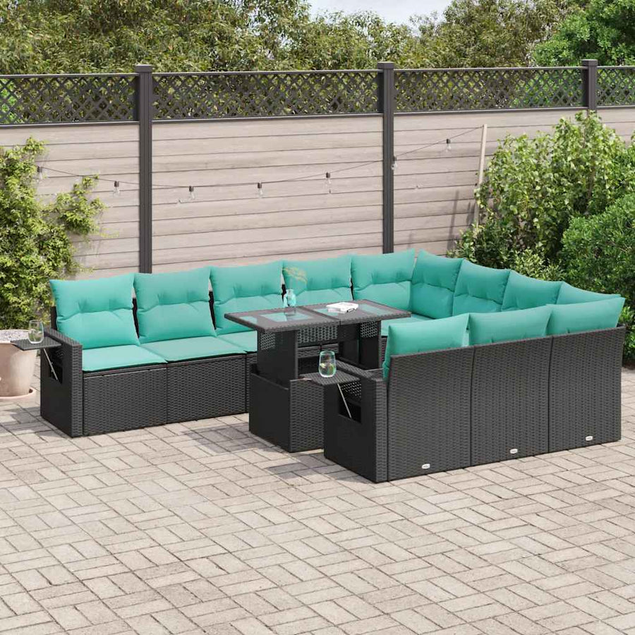 11-delige Loungeset met kussens poly rattan acacia zwart