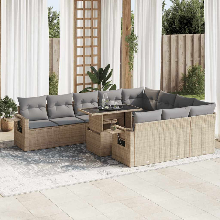 11-delige Tuinset met kussens poly rattan beige