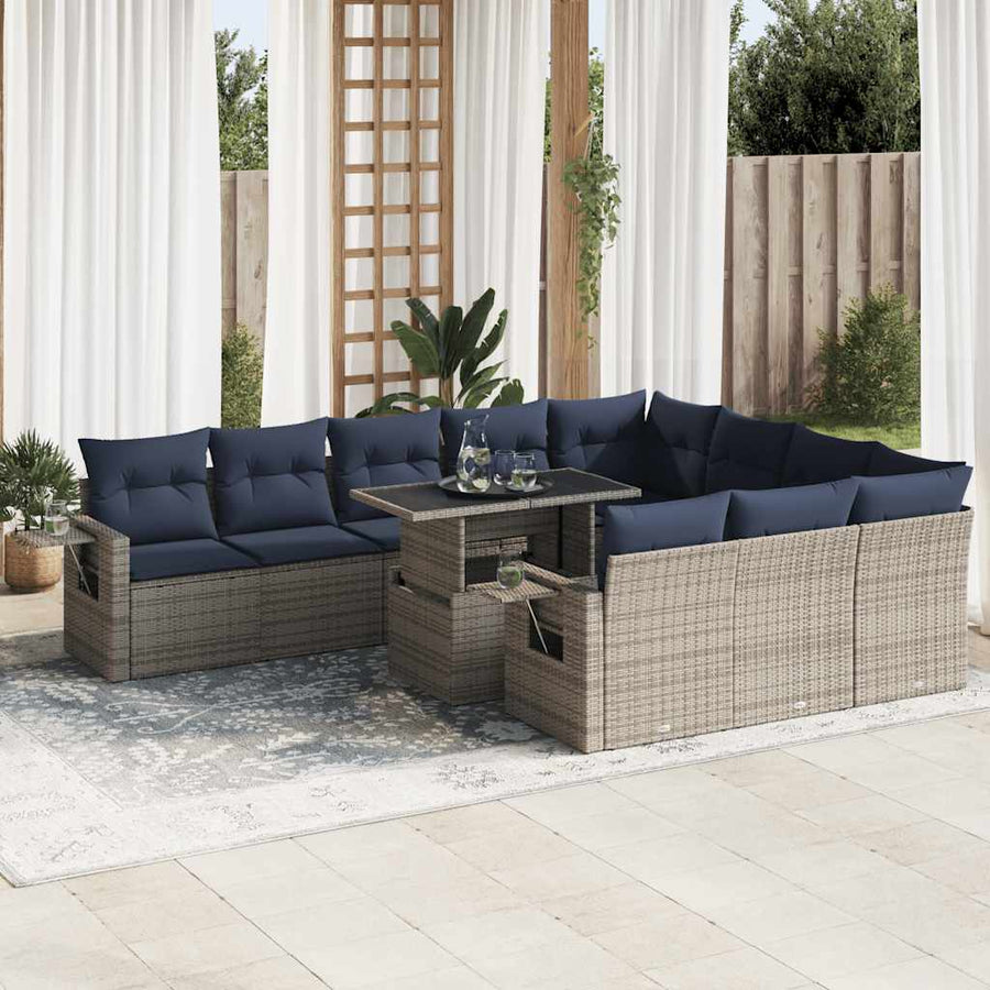 11-delige Loungeset met kussens poly rattan acacia grijs