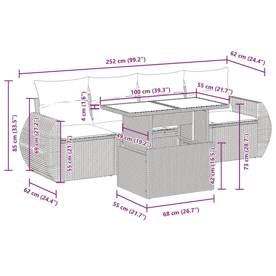 5-delige Loungeset met kussens poly rattan zwart
