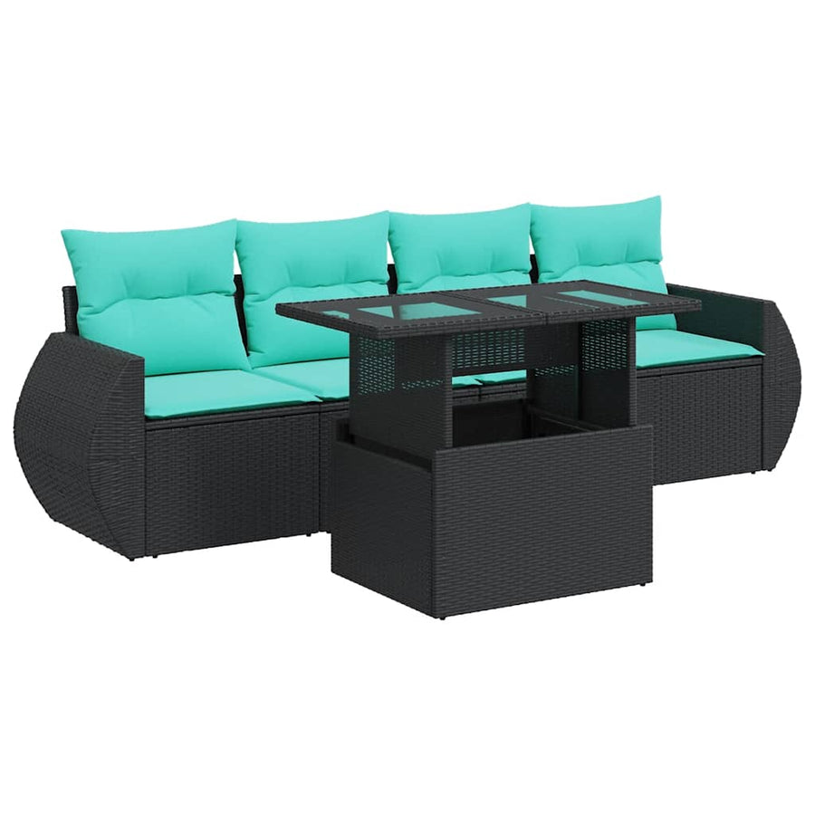 5-delige Loungeset met kussens poly rattan acacia zwart
