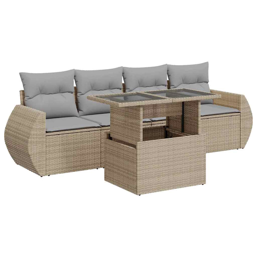 5-delige Loungeset met kussens poly rattan beige