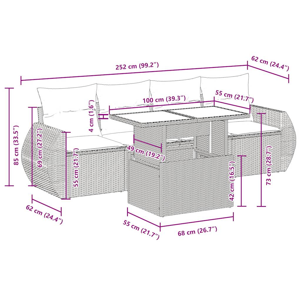 5-delige Loungeset met kussens poly rattan beige