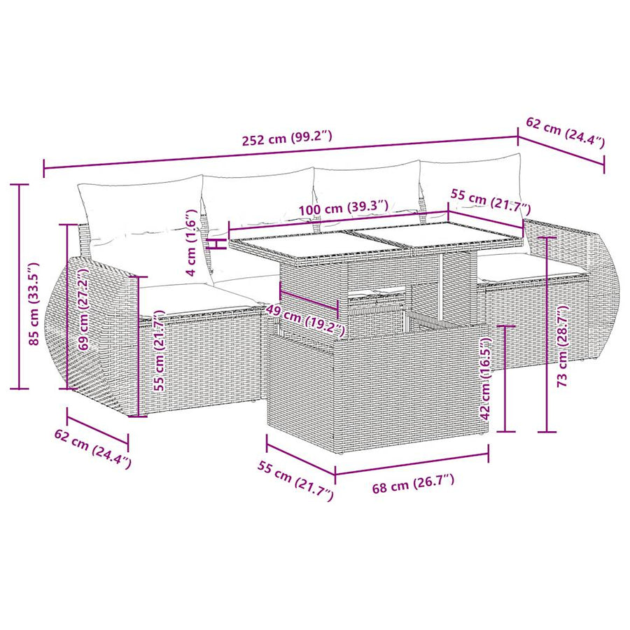5-delige Loungeset met kussens poly rattan beige