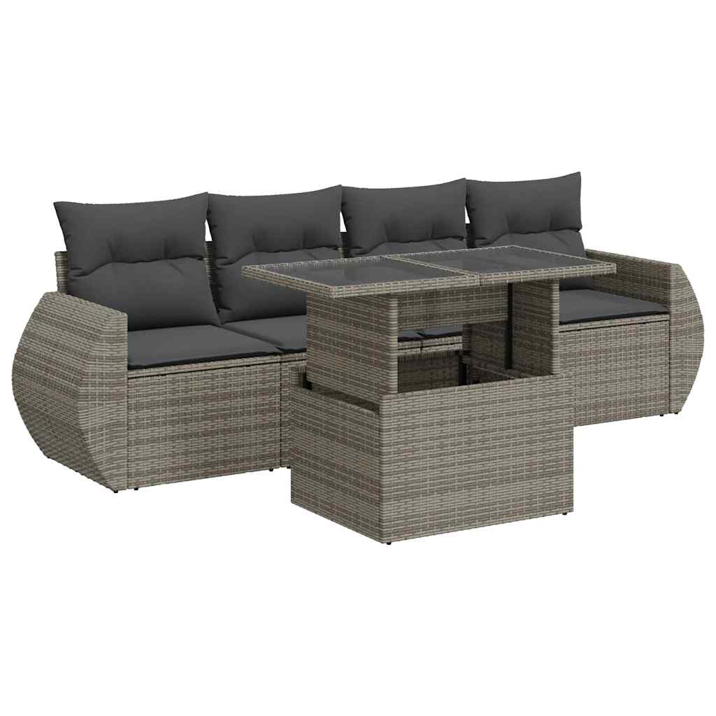 5-delige Loungeset met kussens poly rattan grijs