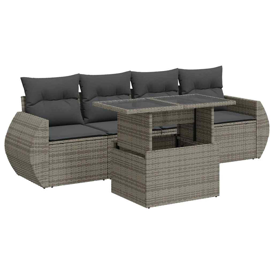 5-delige Loungeset met kussens poly rattan grijs