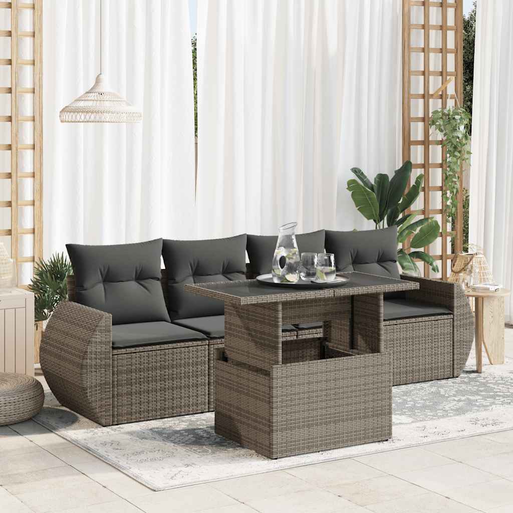 5-delige Loungeset met kussens poly rattan grijs