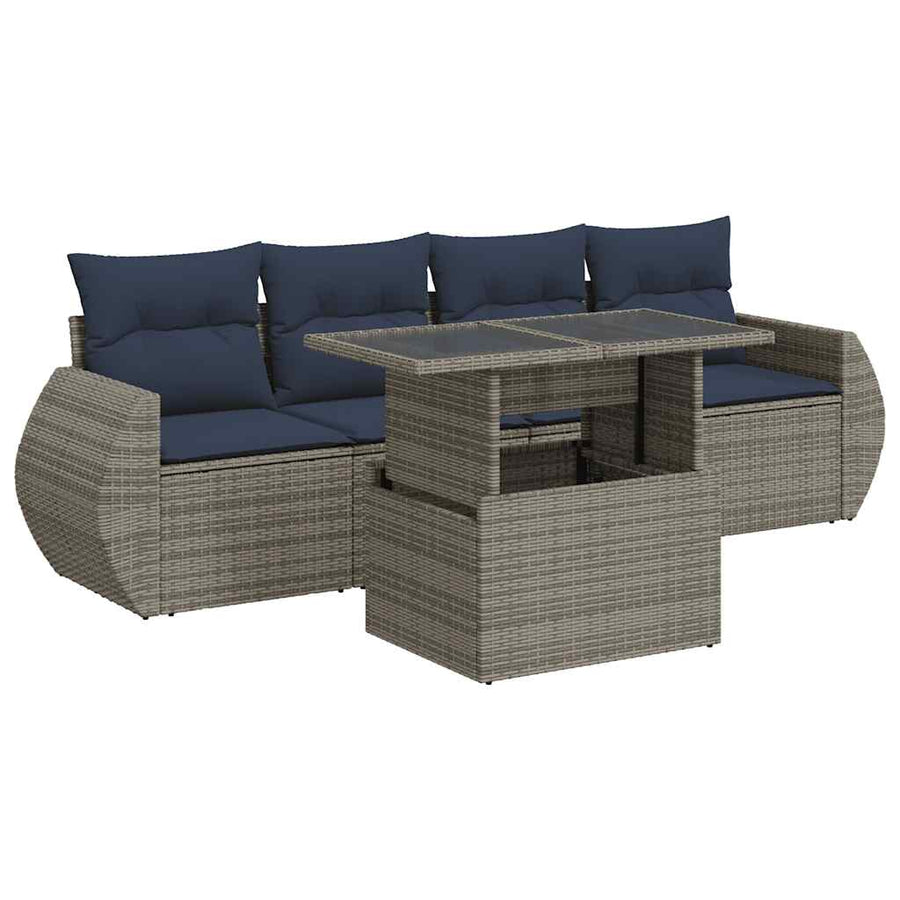 5-delige Loungeset met kussens poly rattan acacia grijs