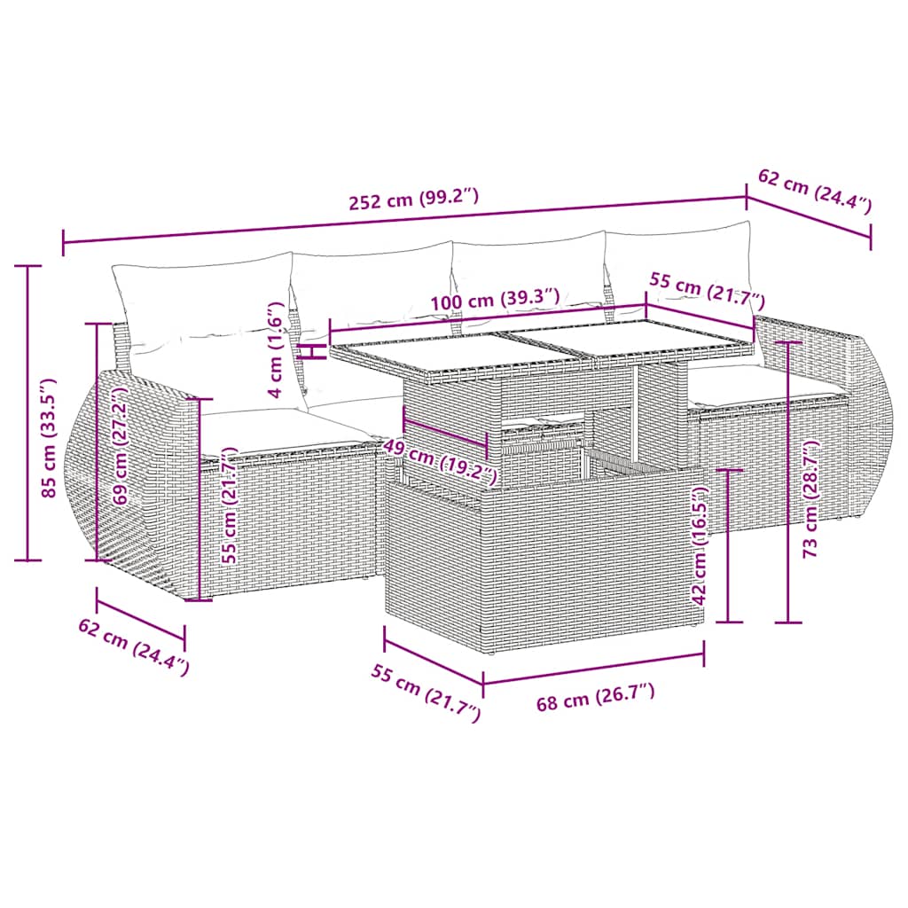 5-delige Loungeset met kussens poly rattan acacia grijs
