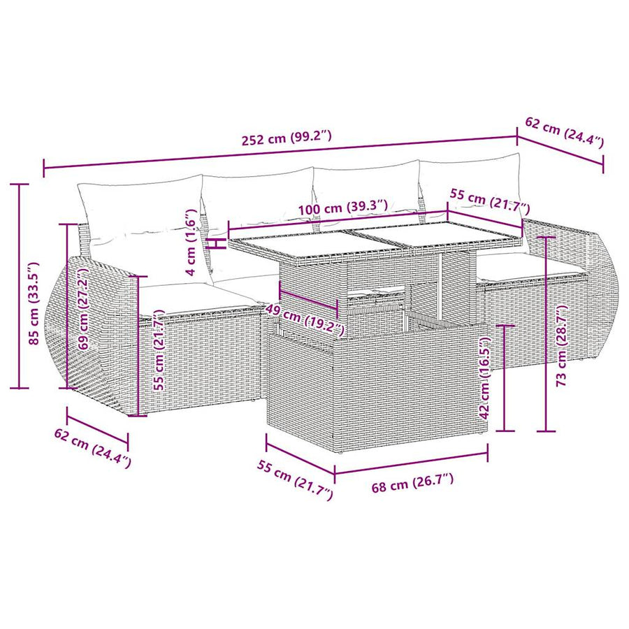 5-delige Loungeset met kussens poly rattan lichtgrijs