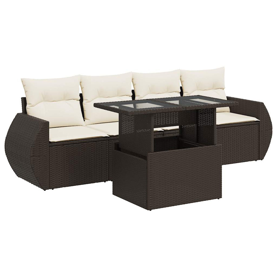 5-delige Loungeset met kussens poly rattan bruin