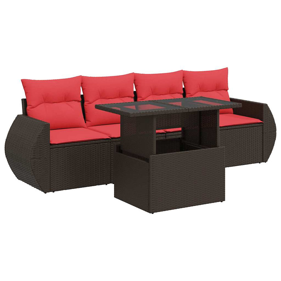5-delige Loungeset met kussens poly rattan acacia bruin