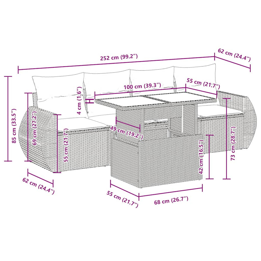 5-delige Loungeset met kussens poly rattan acacia bruin