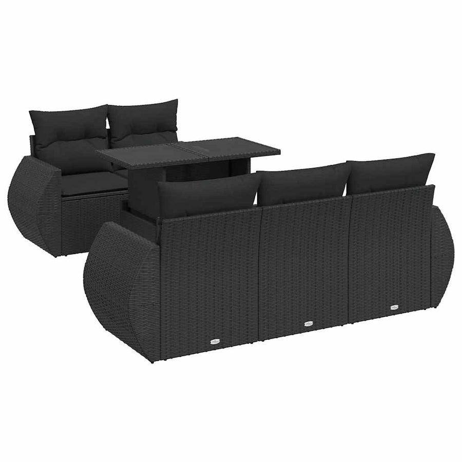 6-delige Loungeset met kussens poly rattan zwart